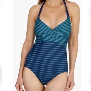Miraclesuit Penbrooke Striped Halter Swimsuit NEW! Wrap bust Green Navy Medium